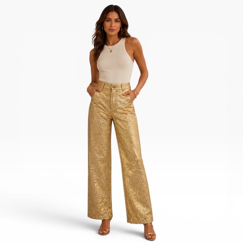ZARA Gold Metallic Jacquard Wide Leg Pants Small High Rise Party Holiday Glam